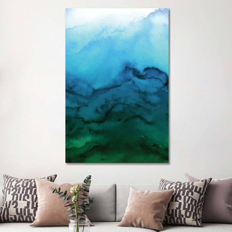 "winter waves" , reproduction d’art sur toile tendue en bleu vert dégradé, H 60 po x l 40po x P 1,5 po, Toile tendue