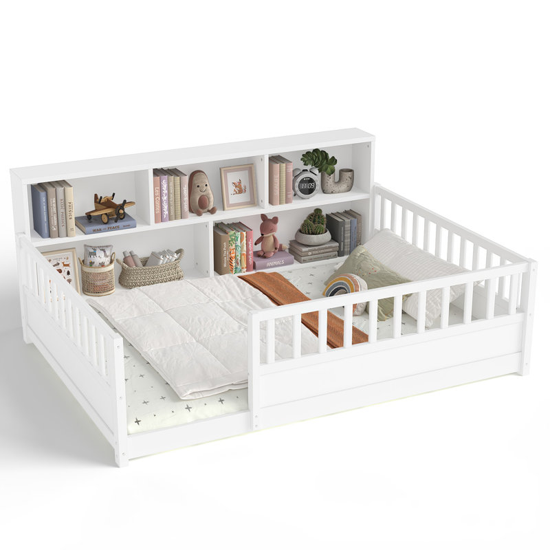 Full Size Wooden Floor Bed With Extra-High Safety Guardrails, Side Storage Decorative Function, White, Full