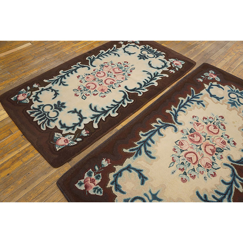 Pair Of Ivory European Influenced Floral Inlay Antique Small American Hooked Rugs