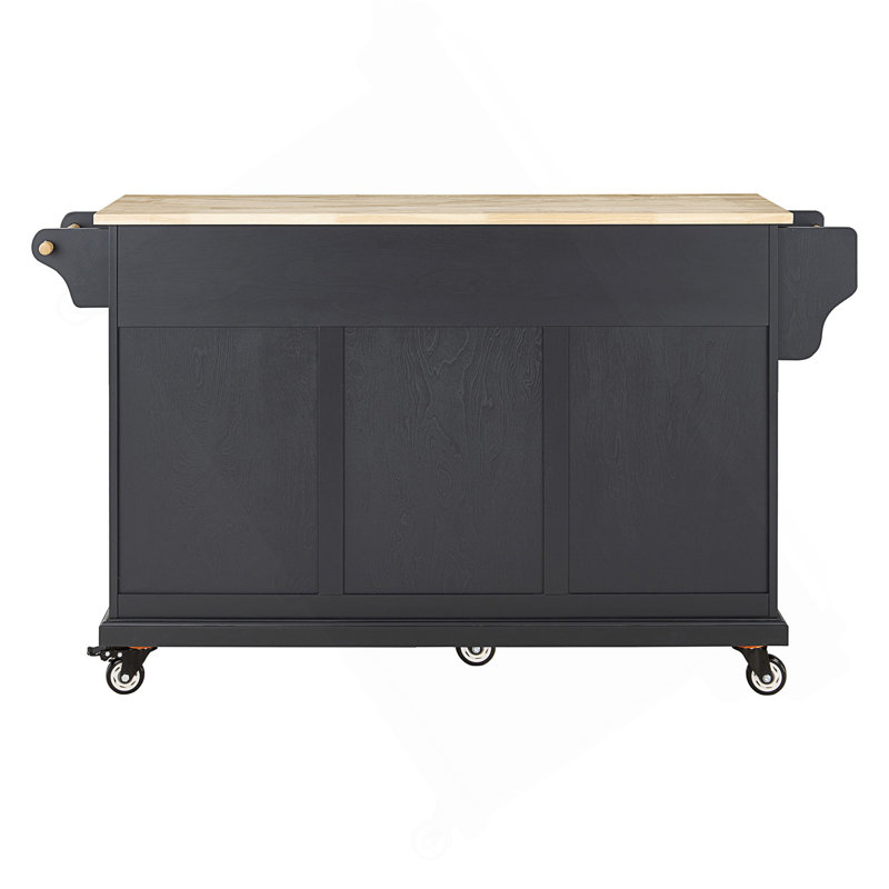 Îlot de cuisine avec comptoir en bois d'hévéa, espace de rangement spacieux et 5 roulettes pour plus de fonctionnalité et de style