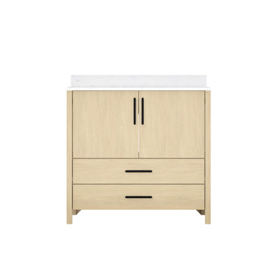 Meuble-lavabo de 91 cm (36 po) avec comptoir et trou pour robinet, en panneaux plaqués et contreplaqué, base texturée, charnières à fermeture douce pour une utilisation silencieuse, installation facile, lignes épurées.