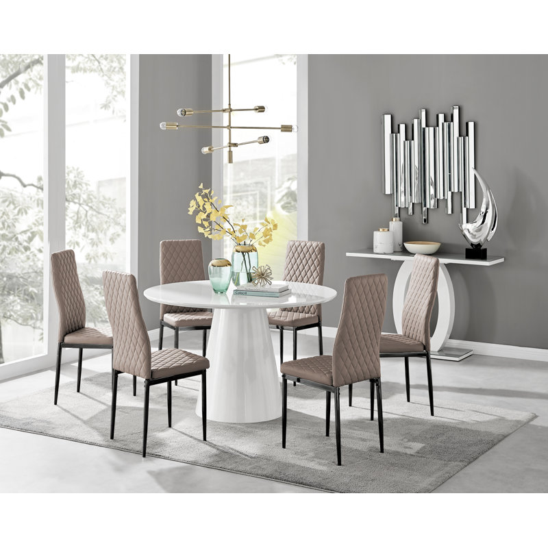 Edward Statement Pedestal Dining Table Set with 6 Luxury Faux Leather Upholstered Dining Chairs, White, Cappuccino/Black