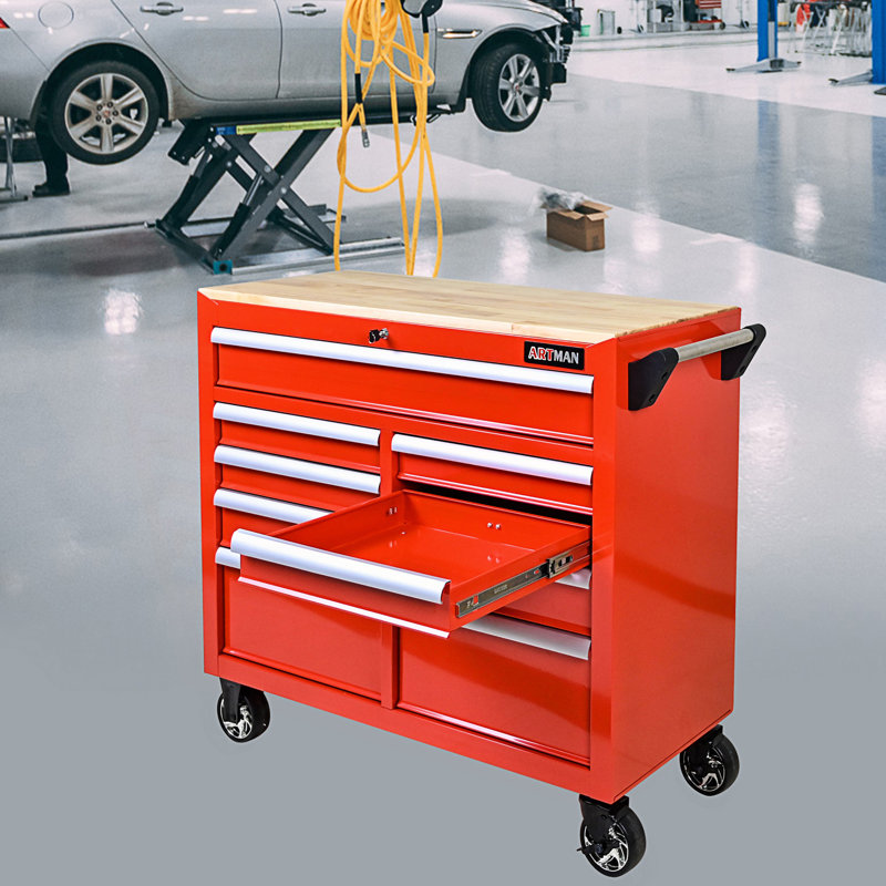 Chariot à outils multifonctionnel à 9 tiroirs avec roulettes et plateau en bois, armoire d'appoint