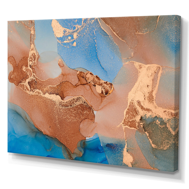 «Blue and Brown Luxury Abstract Fluid», peinture sur toile, H 16 po x l 32 po, Toile tendue
