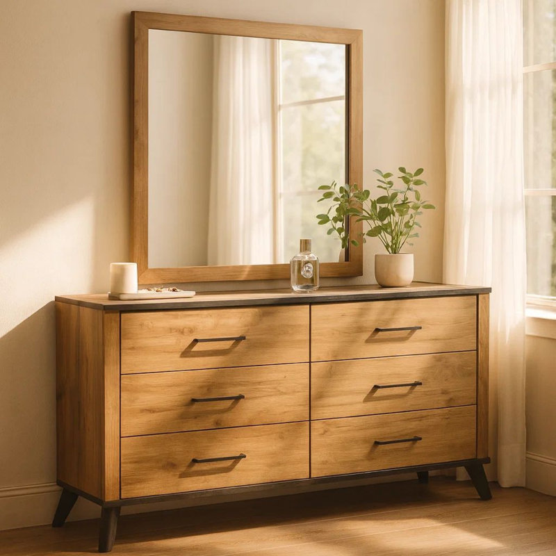 Grande commode avec miroir assorti, 6 tiroirs, bois brun Wemy