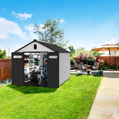 8 Ft. W X 12 D Plastic Storage Shed - Pp Build Resists Elements And Steel Reinforced For Enhanced Strength Heavy Duty Floor Better Ventilation & Lighting Lockable Door Peace Of Mind Black Gray