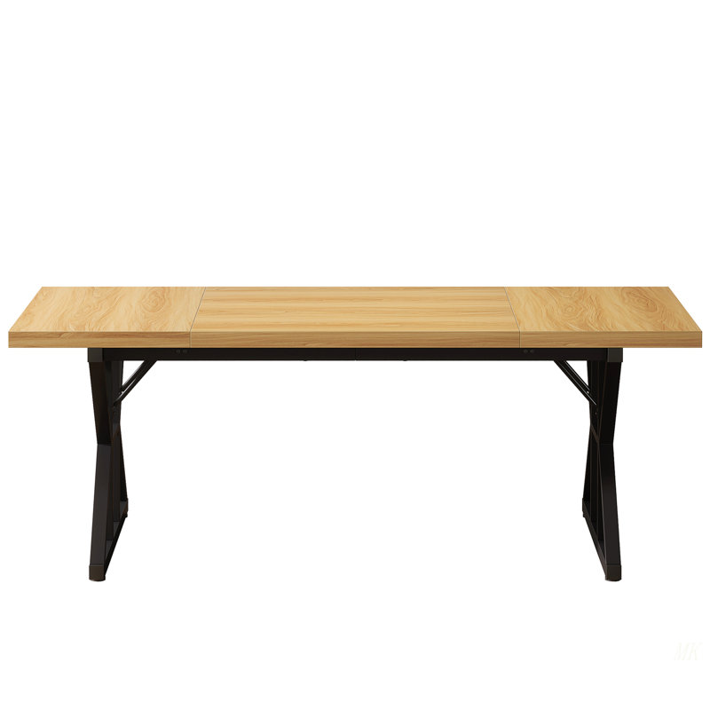 71" Farmhouse Dining Table For 6, Rustic Rectangular Kitchen Table With X-Trestle Metal Legs, Wood Top Dinner Table For Dining Room, Light Walnut & Black