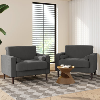 Iliana Upholstered Gray Corduroy Square Arm Tufted Club Chair with 2 Pillows