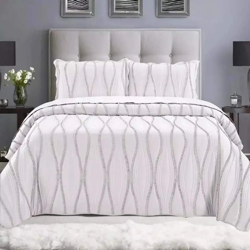 3 Piece Quilted Bedspread Reversible Comforter Bedding Set Bed Throw, White Floral, Super King Bedspread + 2 Standard Shams