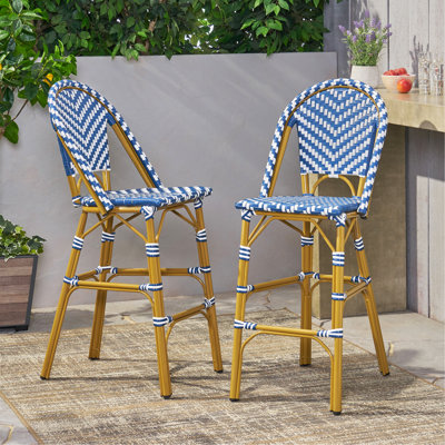 Tabouret de bar 29,5 po en rotin français d'extérieur, bleu marine et blanc, structure en aluminium avec finition en bambou (ensemble de 2)
