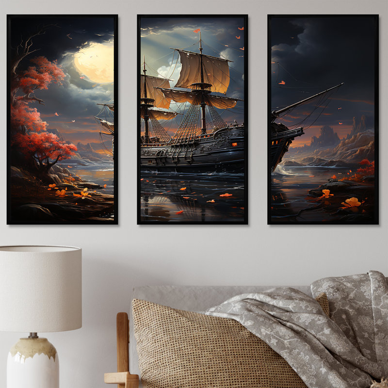 Pirate Ship Nightly Voyage I - Art mural pirate, Cadre flottant noir, H 28 po x l 36 po