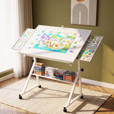 Table de dessin inclinable réglable en hauteur (35,4 pouces), bureau à roulettes avec 4 tiroirs de tri pour adultes et enfants