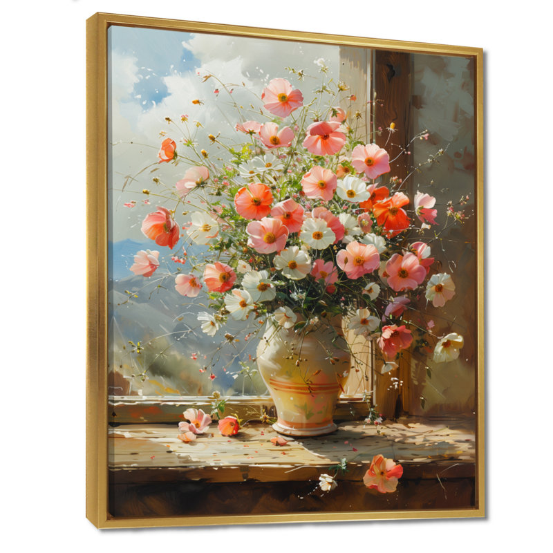 Décoration murale rose et blanc bouton d'or - Bouton d'or, Toile avec cadre flottant or, H 32 po x l 16 po x P 1 po