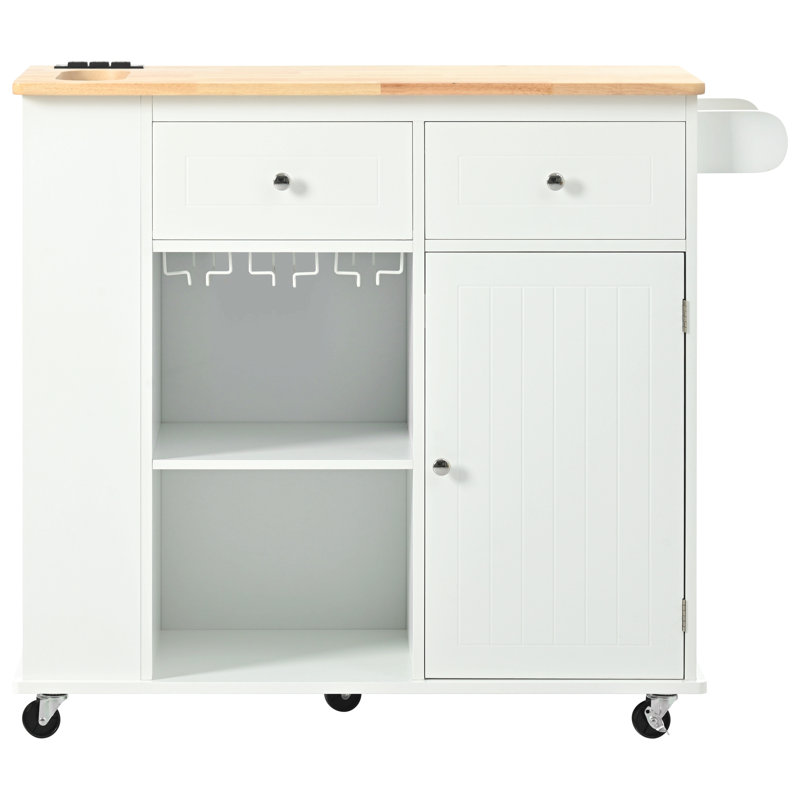 Îlot de cuisine avec prise de courant, îlot de rangement avec abattant et bois d'hévéa, rangement ouvert et support à vin, 5 roulettes, avec rangement réglable pour la maison, la cuisine et la salle à manger
