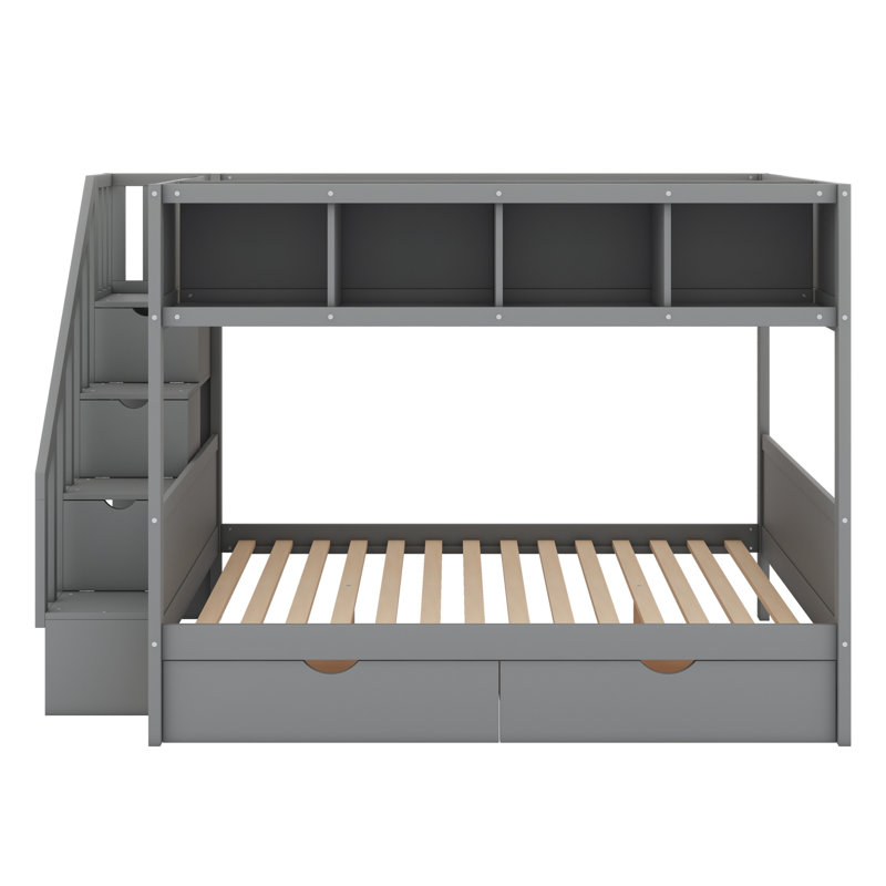 Lit superposé avec tablettes, escalier de rangement et 2 tiroirs, gris