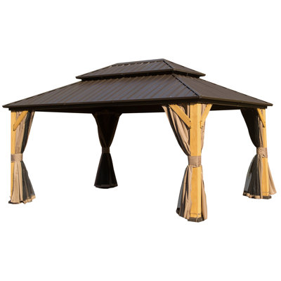 10X14ft Cedar Wood Gazebo, Solid Wood Hardtop Gazebo With Galvanized Steel Double Roof, Netting & Curtains, Outdoor Gazebo For Patio, Backyard, Deck, Lawns