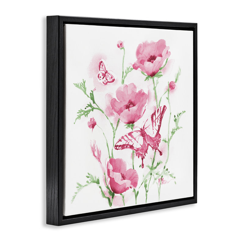 Cadre flottant Pink Province Poppies, design par Paul Brent, Cadre flottant noir de jais, H 18 po x l 18 po