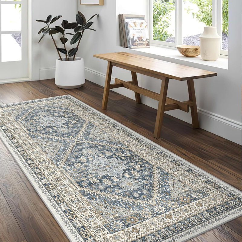 Tapis lavable antidérapant Medallion (bleu), Tapis de couloir 2 pi x 6 pi