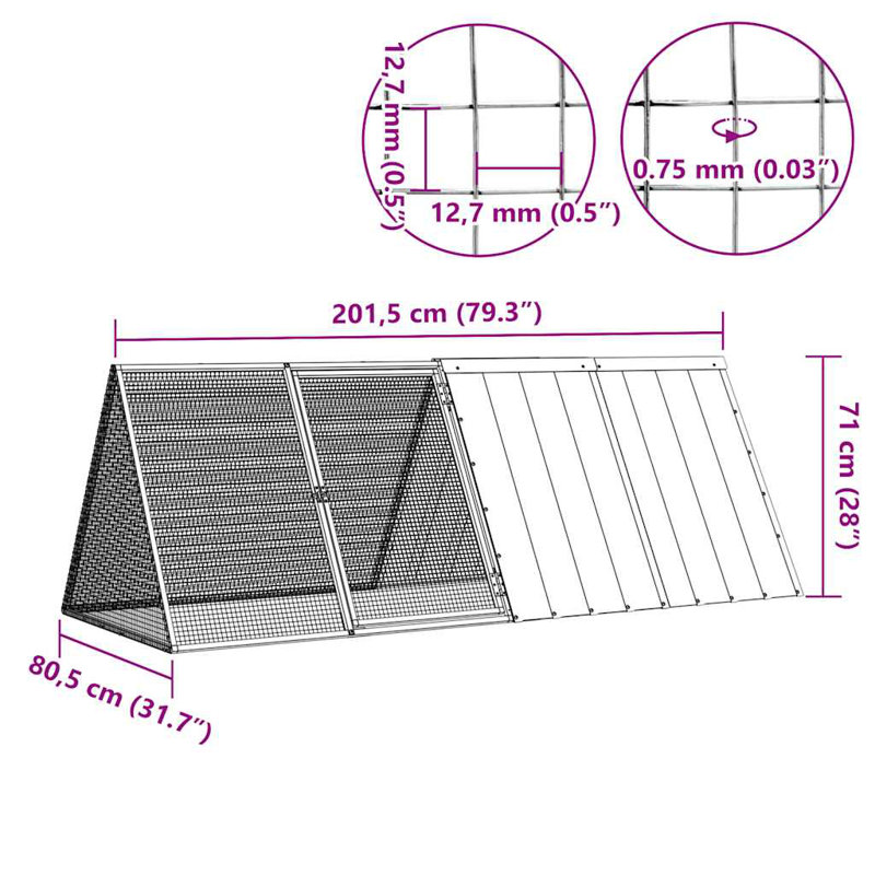  Rabbit Cage Galvanised Steel, Anthracite, 71cm H x 201.5cm W x 80.5cm D