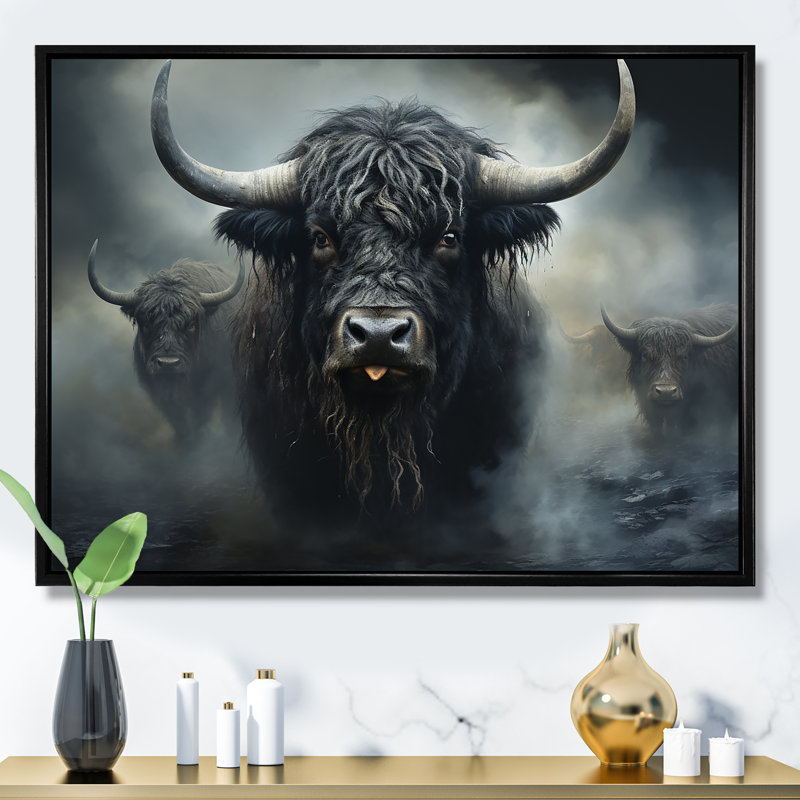 " Minimalism Black Yaks Snapshot ", 16" H x 32" W, Gold Picture Framed