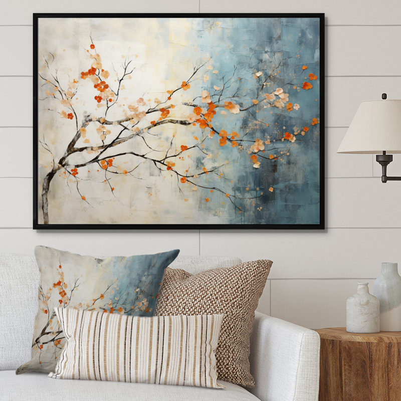 Orange, bleu sarcelle, érable, incandescent V - art mural érable, Cadre flottant noir, H 34 po x l 44 po x P 1,5 po