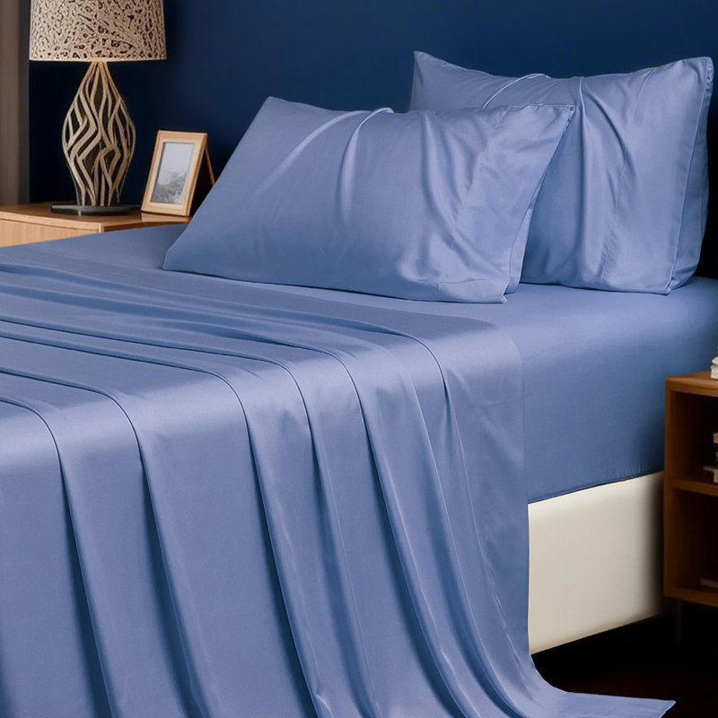 Ensemble de draps en rayonne de bambou 400 fils avec poche extra profonde 400 fils, Très grand lit, Bleu