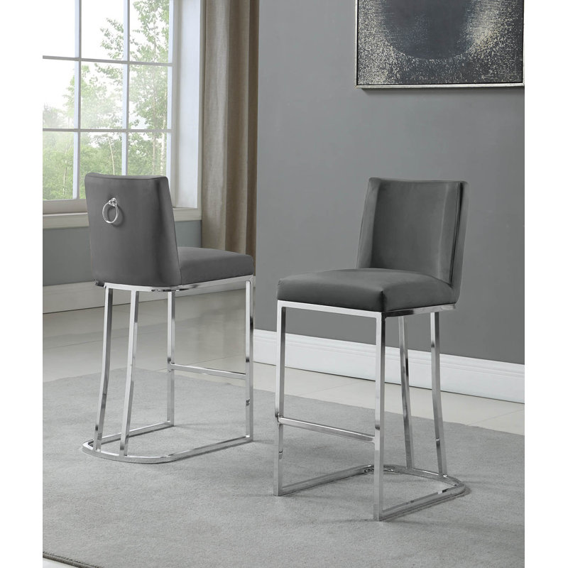 Aurrin Velvet Upholstered Bar & Counter Stool, Silver, Dark Gray, Counter Stool (26” Seat Height)