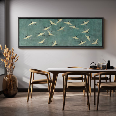 «Serene Sky Cranes In Flight On Teal», reproduction d'art sur toile encadrée