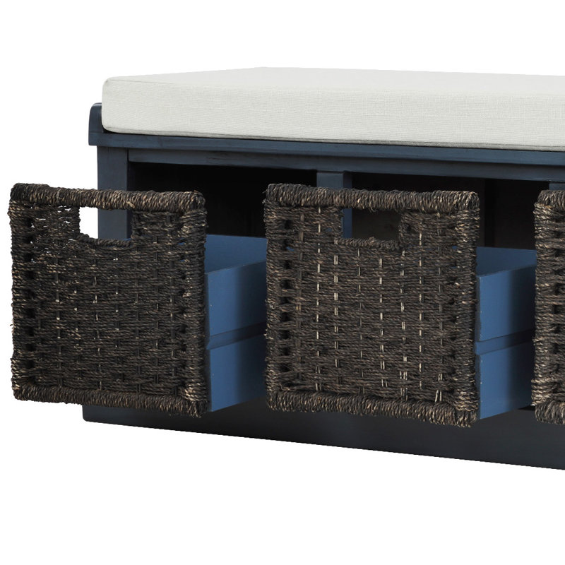 Rustic Storage Bench with 3 Rattan Baskets and Removable Cushion, Antique Navy