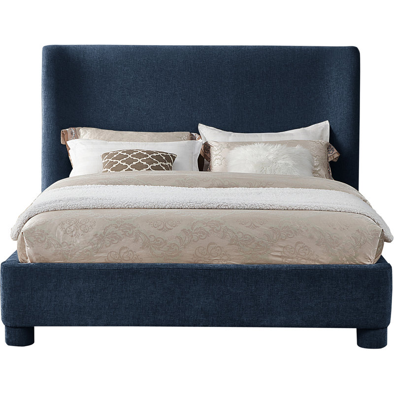 Hridhaan Upholstered Unfinished Wingback Bed, Queen, Navy Chenille Fabric