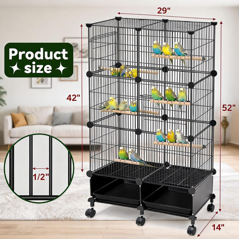 Grande cage à oiseaux avec biberons et perchoirs, 132 cm, noire, Black