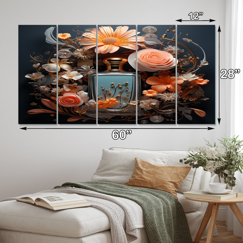 Bouteille de parfum avec fleurs roses - décoration murale parfums - 5 panneaux égaux