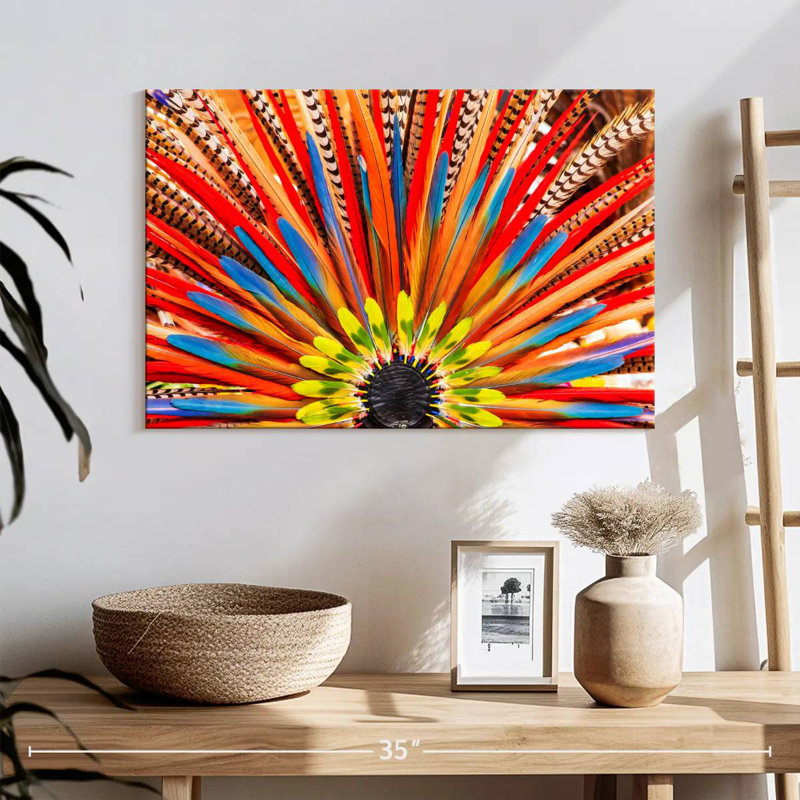Coiffe aztèque à plumes, H 16 po x l 24 po