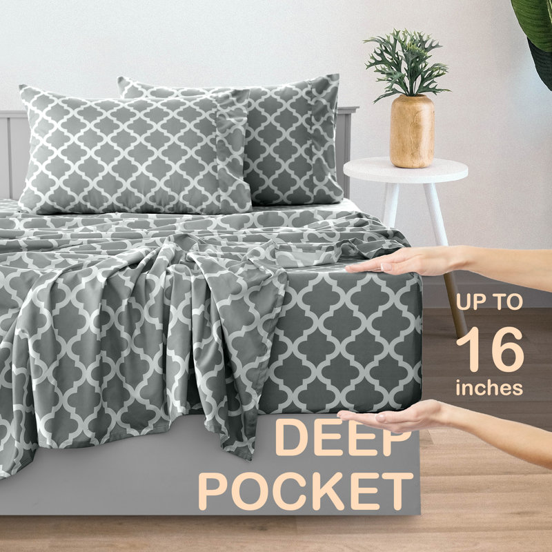 Lux Decor Collection 4 Pc Soft Microfiber Bed Sheets Set Geometric Quatrefoil Bedding, Queen Sheet Set with 2 Pillowcases