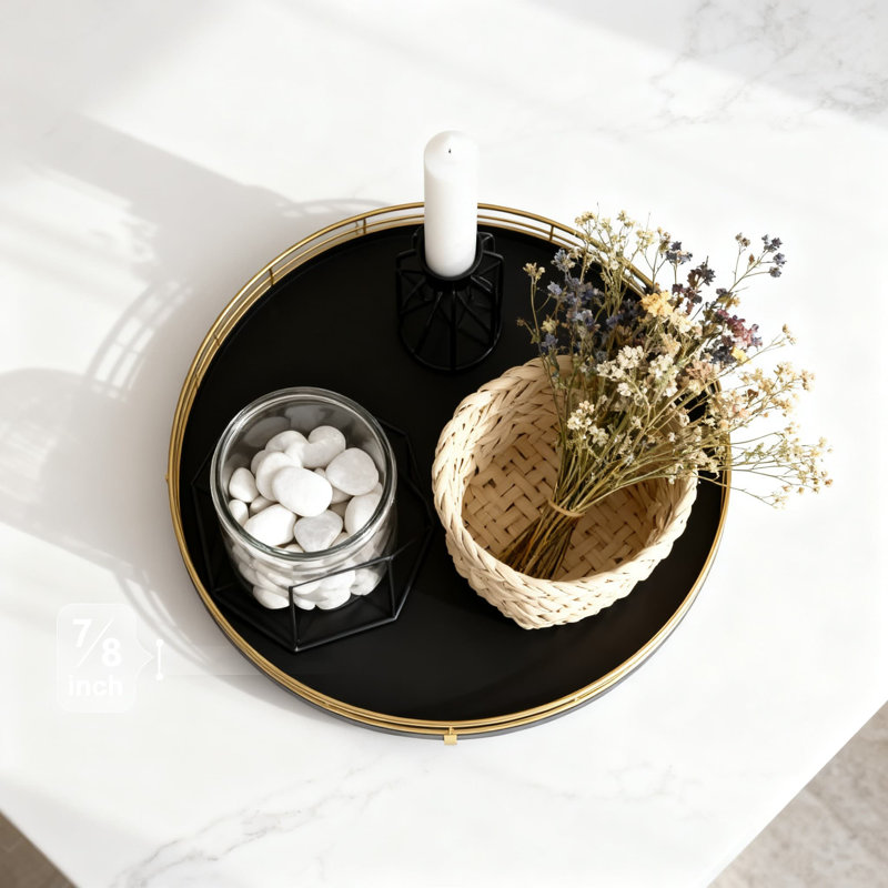Rotating Wood Tray With Metal Frame, Multi-Purpose Organizer For Bathroom Vanity, Dresser, Kitchen Countertop, And Coffee Table Decor
