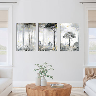 Grey and Gold Forest Scenery Canvas Wrapped Wall Art, Abstract Oil Painting Print (Set of 3)