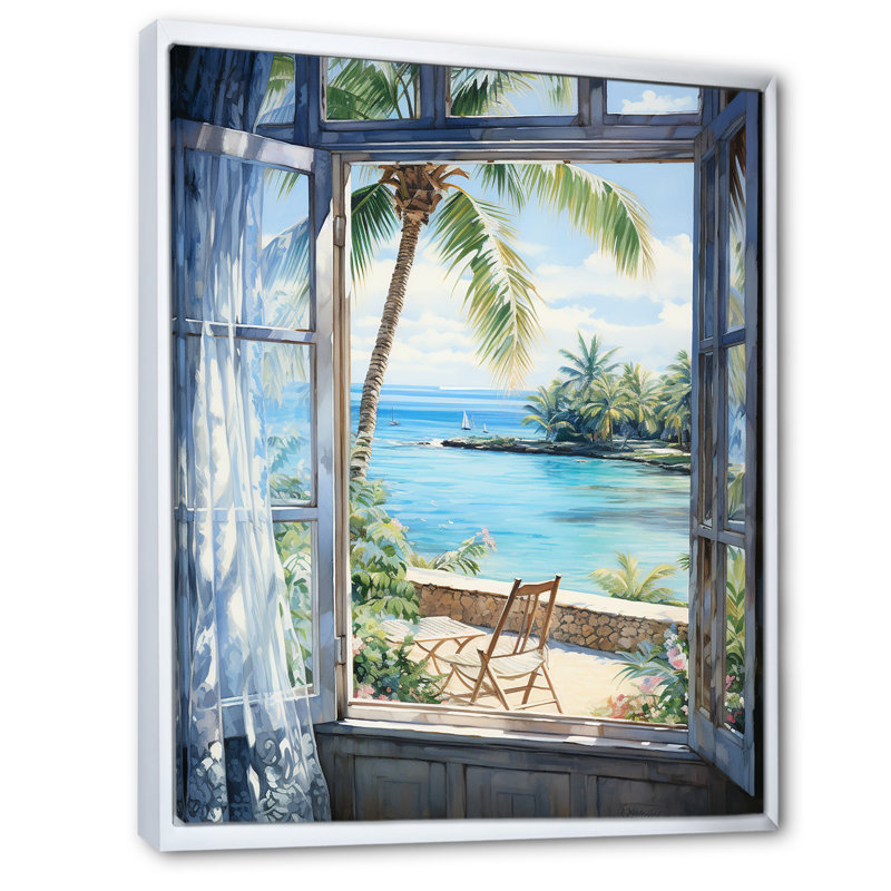 «Tranquility Beachside Windows Horizon I - Coastal Windows», art mural, Cadre flottant blanc, H 32 po x l 16 po x P 1 po