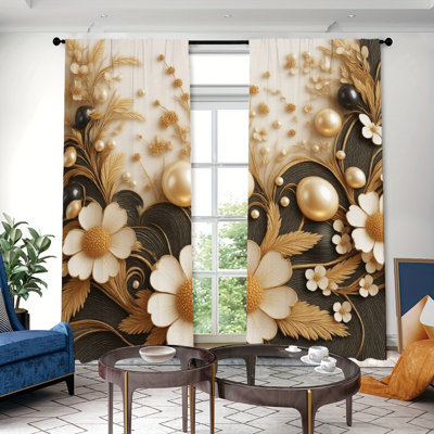 2 pièces rideaux floraux dorés, motif de fleurs d'or noir luxueux, rideaux de fenêtre à passe-tringle, style élégant, décoration de fenêtre d'étude de salon