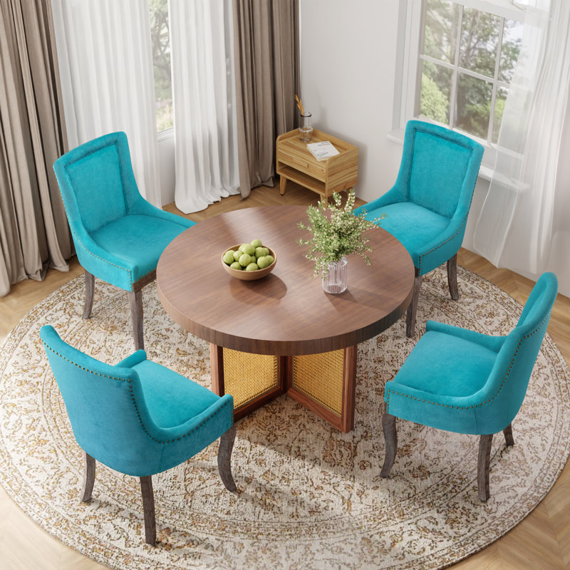 Solid Wood Fabric Upholstered Dining Chairs Kitchen Chairs, Red, 4