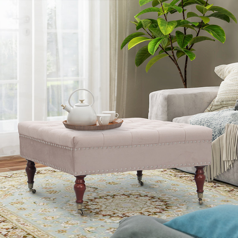 Bakri 34" Wide Nailhead Trim Tufted Square Upholstered Ottoman, Beige 100% Polyester