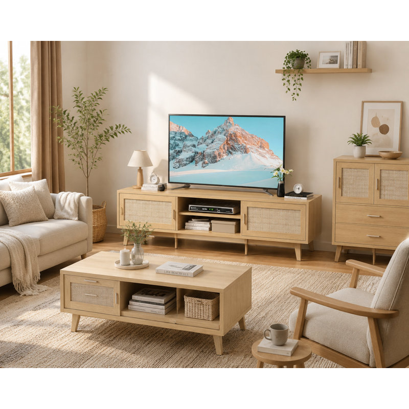 Meuble télé en rotin pour téléviseur de 65 po, console média MCM Boho avec portes tissées et tablettes ouvertes, meuble audio-vidéo Mid-Century