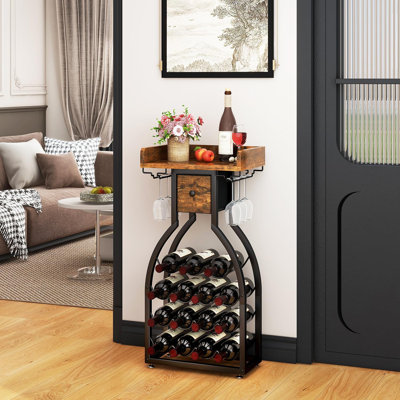 Wine Rack Freestanding Floor,Wine Storage 15 Bottles Bottle Rack With Glass Holders, Mini Bar Wine Cabinet With Storage Drawer For Home Bar Kitchen Di by Everly Quinn