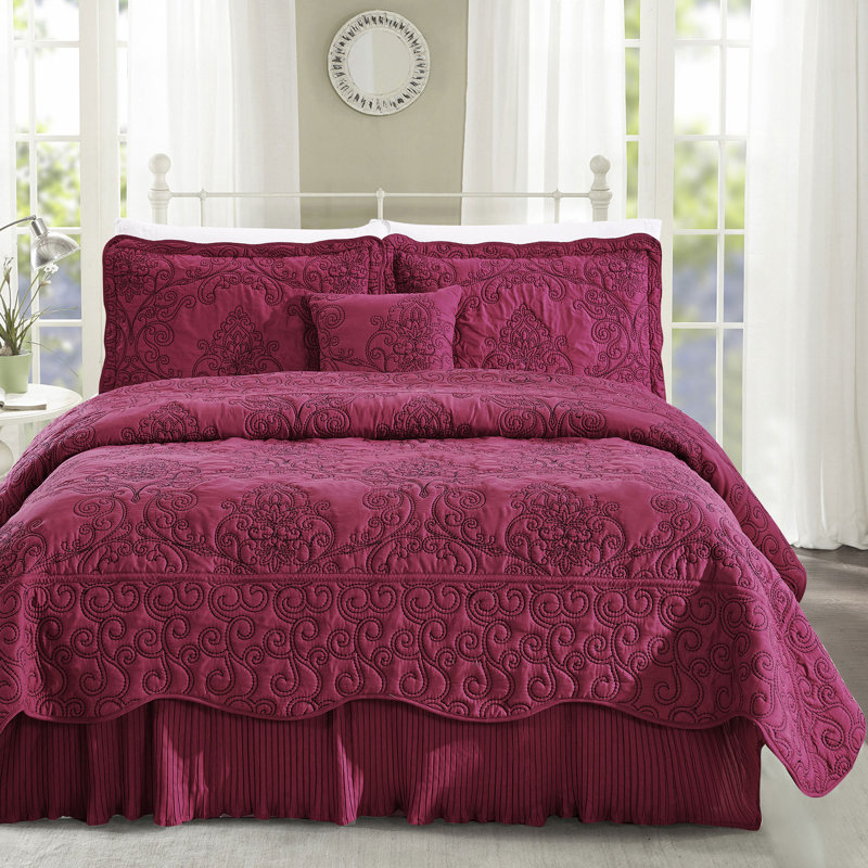 4 Piece Damask Oversized Embroidery Bedspread Set, Courtepointe grand lit + 2 taies décoratives pour, Gris cendre