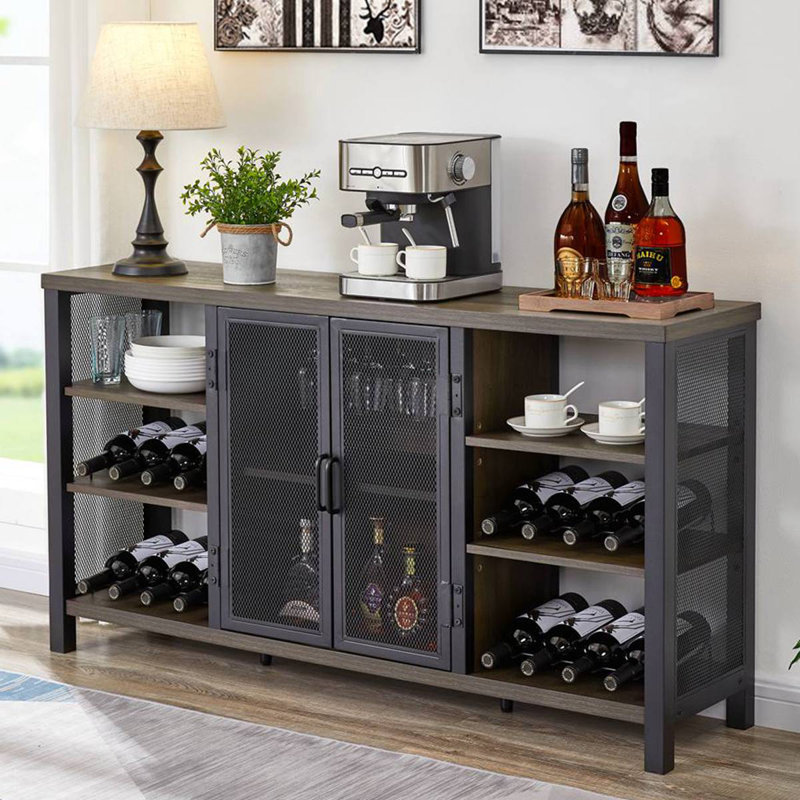 Walnut Brown 55" Industrial Wood and Metal Wine Bar Cabinet