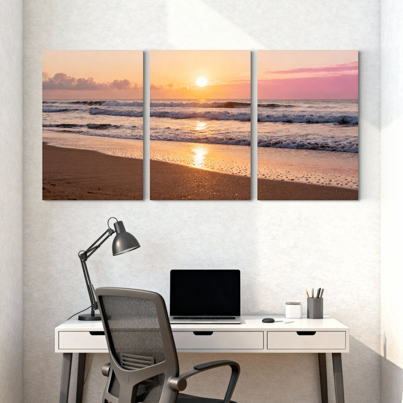Scénario et paysages urbains coucher de soleil océan vagues plage sable ciel réflexion horizon clair ensemble de 3 impressions d'art sur toile