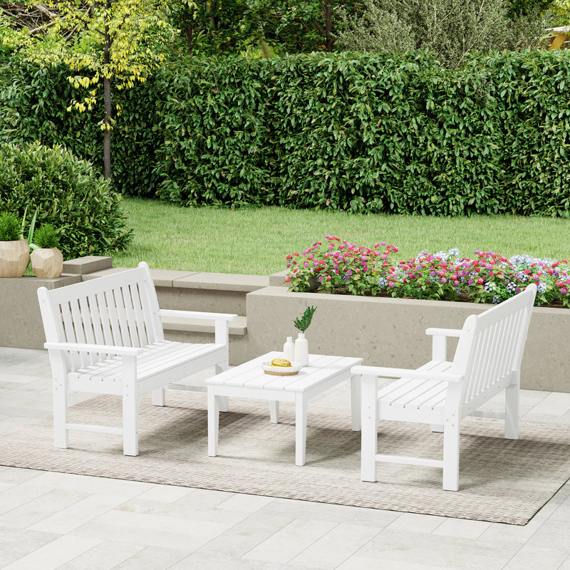 Laguna Poly 3-Piece Bench With Coffee Table, White