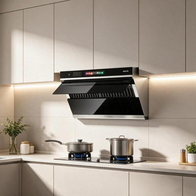 Hotte de cuisine convertible BRANO 30 pouces, 900 pi³/min, en acier inoxydable, avec commandes vocales, gestuelles et tactiles, ouverture automatique à 90°, filtres à chicane lavables au lave-vaisselle et filtre à charbon pour une utilisation sans conduit.