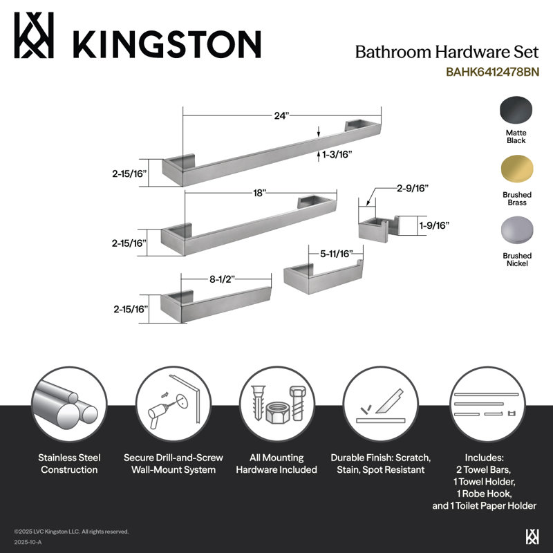 Kingston Brass BAHK6412478MB Lasdun 5-Piece Bathroom Accessory Set, Matte Black, Nickel brossé