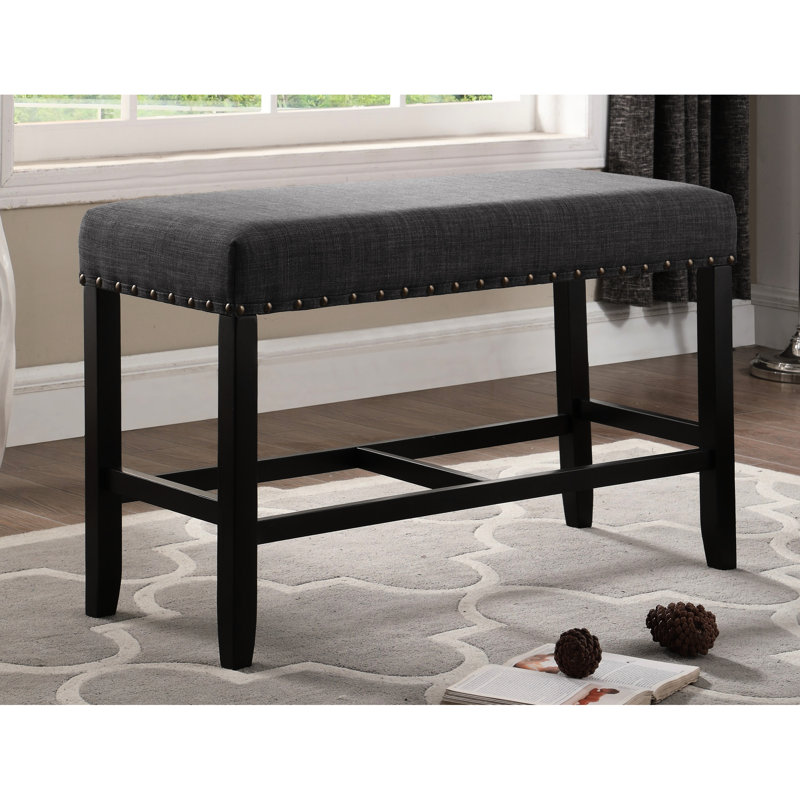 Fabric Counter Height Seat Bench In Grey - Nailhead Trim, Linen & Cotton Cover, Solid Hardwood Legs, 41"W X 16.5"D 25.5"H Dining Height, Leg Support,