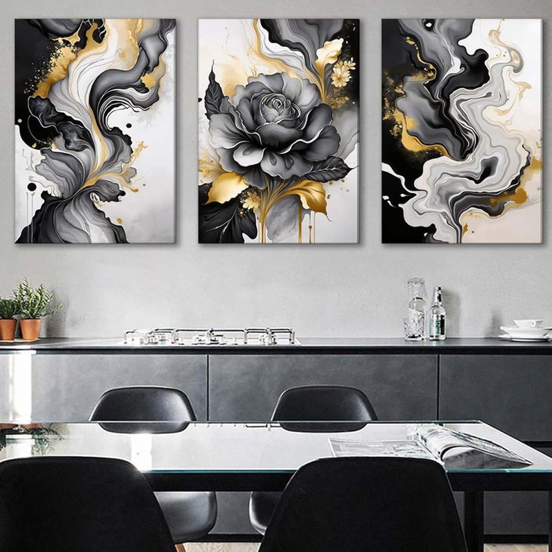 60*40,3Pcs Black And Gold Abstract Canvas Wall Art Modern Black Grey And Gold Marble Wall Decor Pictures., 60 cm H x 40 cm W